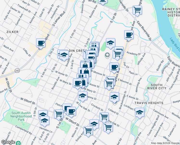 map of restaurants, bars, coffee shops, grocery stores, and more near 1603 South 1st Street in Austin