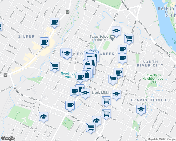 map of restaurants, bars, coffee shops, grocery stores, and more near 1603 South 1st Street in Austin