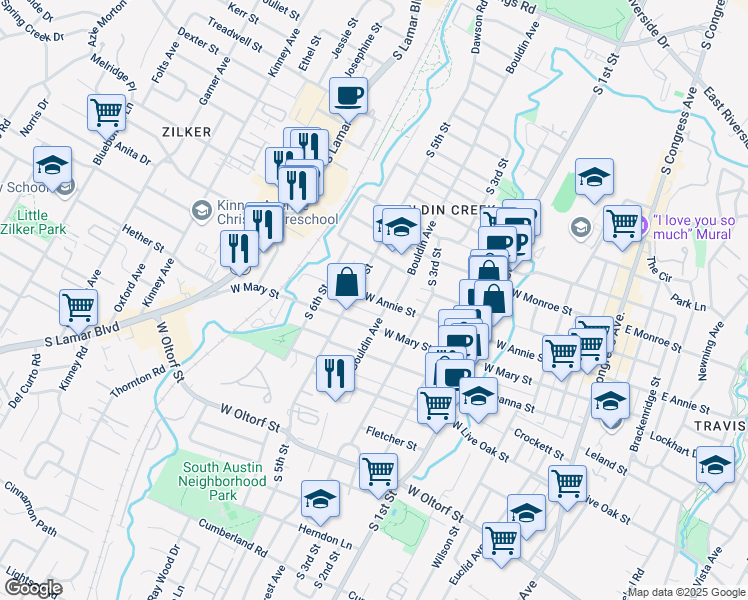 map of restaurants, bars, coffee shops, grocery stores, and more near 904 West Mary Street in Austin