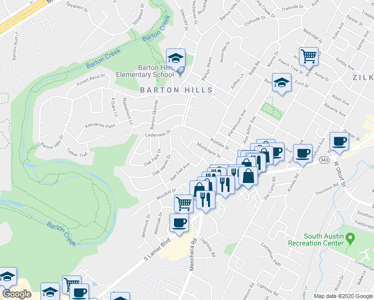 map of restaurants, bars, coffee shops, grocery stores, and more near 2308 La Casa Drive in Austin