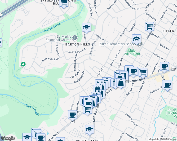 map of restaurants, bars, coffee shops, grocery stores, and more near 2414 Elmglen Drive in Austin