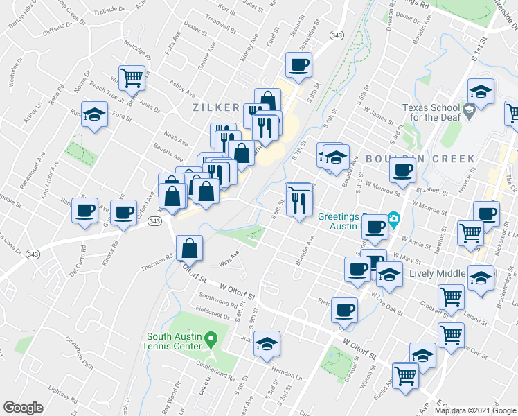 map of restaurants, bars, coffee shops, grocery stores, and more near 1157 West Mary Street in Austin