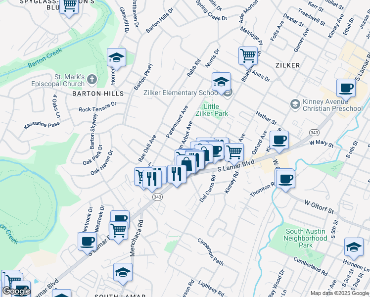 map of restaurants, bars, coffee shops, grocery stores, and more near 2013 De Verne Street in Austin