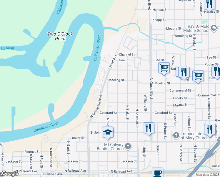 map of restaurants, bars, coffee shops, grocery stores, and more near 916 North 1st Avenue in Lake Charles