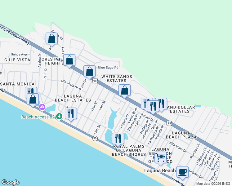 map of restaurants, bars, coffee shops, grocery stores, and more near 19993 Panama City Beach Parkway in Panama City Beach
