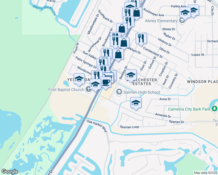 map of restaurants, bars, coffee shops, grocery stores, and more near 3949 Berkley Street in Slidell