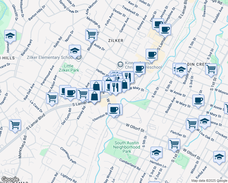map of restaurants, bars, coffee shops, grocery stores, and more near 2038 South Lamar Boulevard in Austin
