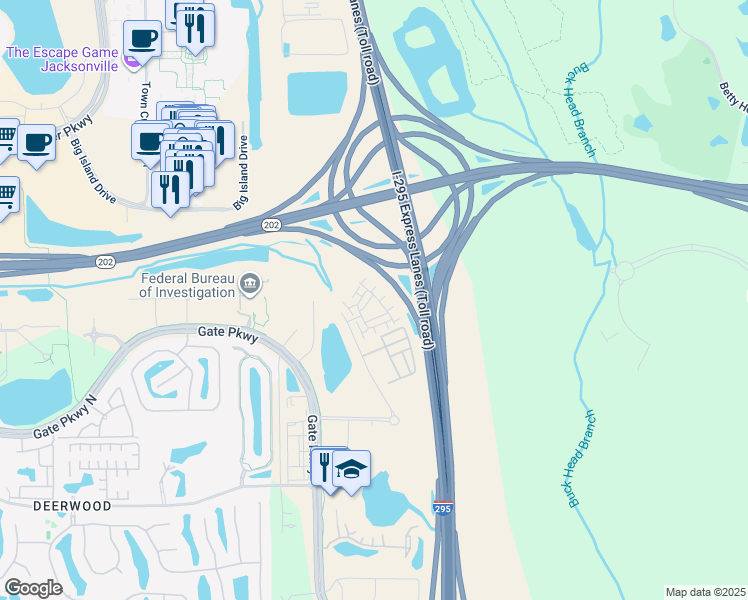 map of restaurants, bars, coffee shops, grocery stores, and more near 11330 Spring Tide Way in Jacksonville