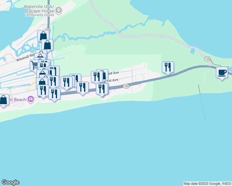 map of restaurants, bars, coffee shops, grocery stores, and more near 427 East Beach Boulevard in Gulf Shores