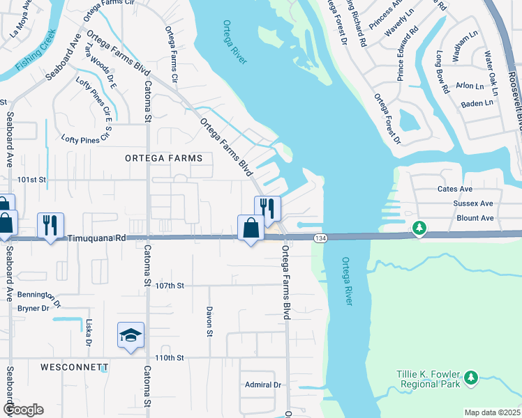 map of restaurants, bars, coffee shops, grocery stores, and more near 5219 Ortega Glen Drive in Jacksonville