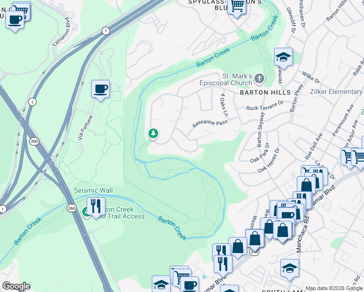 map of restaurants, bars, coffee shops, grocery stores, and more near 2709 Tether Trail in Austin