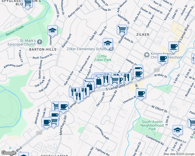 map of restaurants, bars, coffee shops, grocery stores, and more near 2200 Bluebonnet Lane in Austin