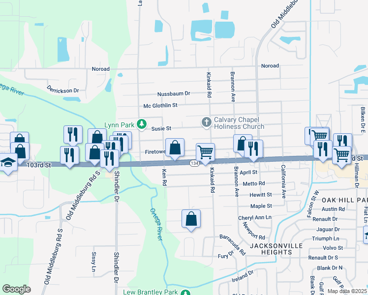 map of restaurants, bars, coffee shops, grocery stores, and more near 8507 Firetower Road in Jacksonville