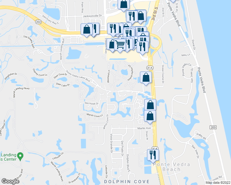 map of restaurants, bars, coffee shops, grocery stores, and more near 101 Bimini Court in Ponte Vedra Beach