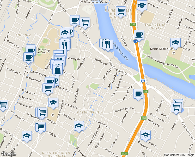 map of restaurants, bars, coffee shops, grocery stores, and more near Pecan Grove Rd & Bickler Rd in Austin
