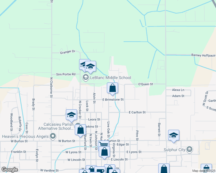map of restaurants, bars, coffee shops, grocery stores, and more near 1050 Live Oak Street in Sulphur