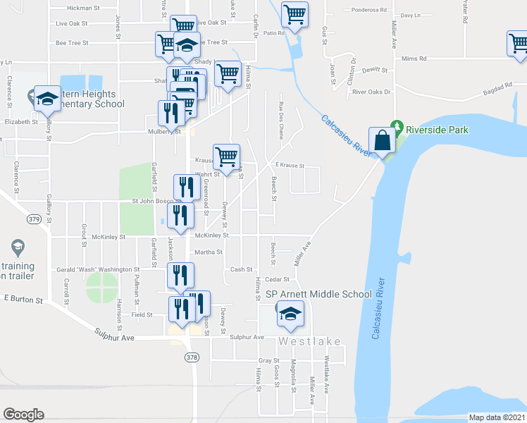 map of restaurants, bars, coffee shops, grocery stores, and more near 1302 Hilma St in Westlake