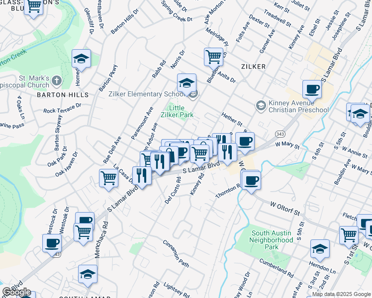 map of restaurants, bars, coffee shops, grocery stores, and more near 1901 Frazier Avenue in Austin