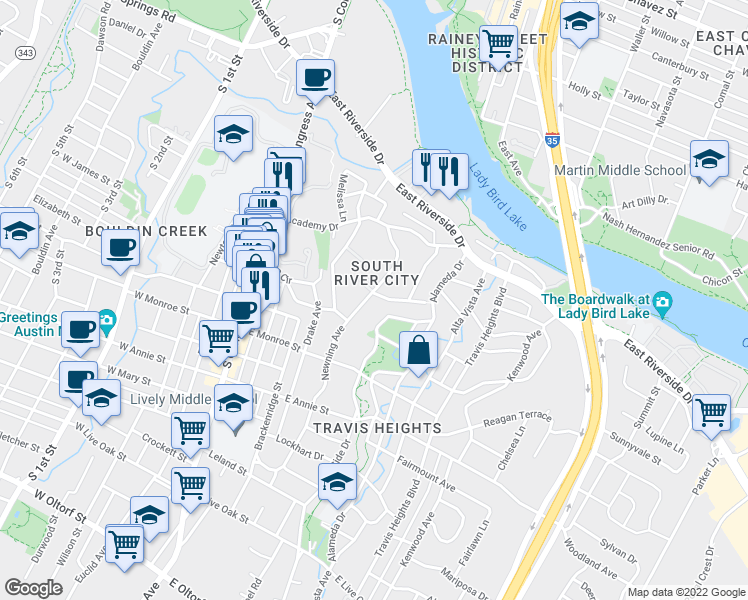 map of restaurants, bars, coffee shops, grocery stores, and more near 1401 Newning Avenue in Austin
