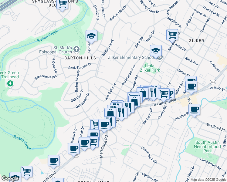 map of restaurants, bars, coffee shops, grocery stores, and more near 2206 Montclaire Street in Austin