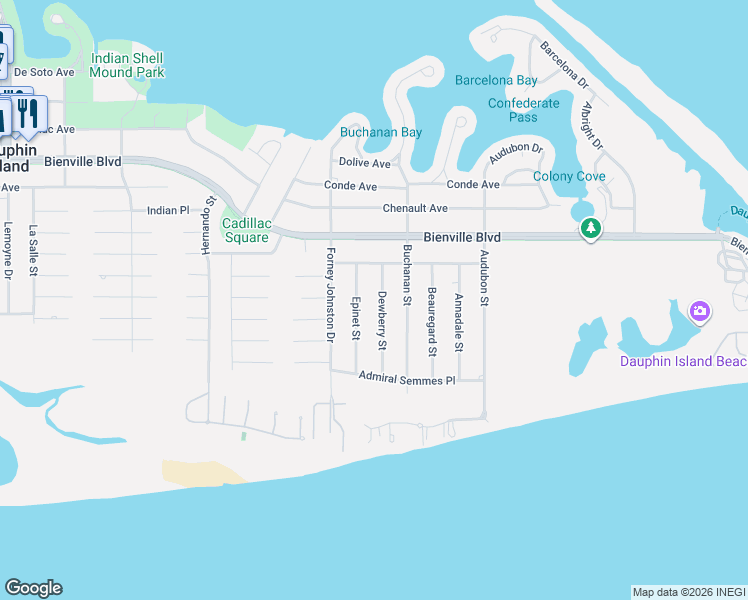 map of restaurants, bars, coffee shops, grocery stores, and more near 125 Dewberry Street in Dauphin Island