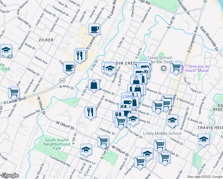 map of restaurants, bars, coffee shops, grocery stores, and more near 1711 Bouldin Avenue in Austin