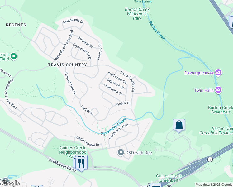 map of restaurants, bars, coffee shops, grocery stores, and more near 4611 Fieldstone Drive in Austin