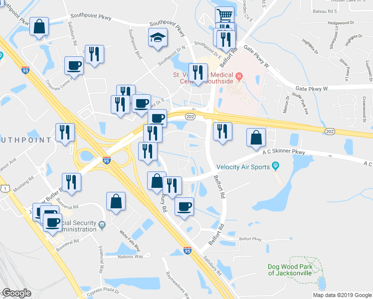 map of restaurants, bars, coffee shops, grocery stores, and more near 7102 Stonelion Circle in Jacksonville