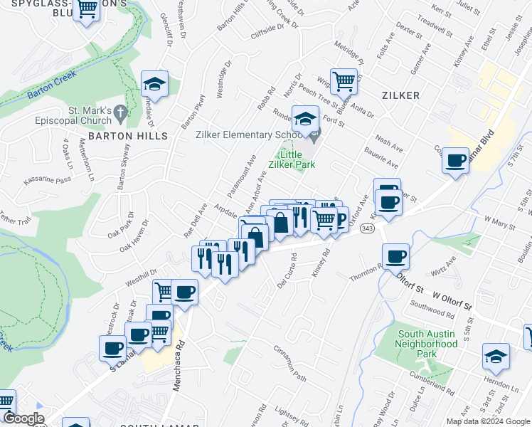 map of restaurants, bars, coffee shops, grocery stores, and more near 2006 De Verne Street in Austin