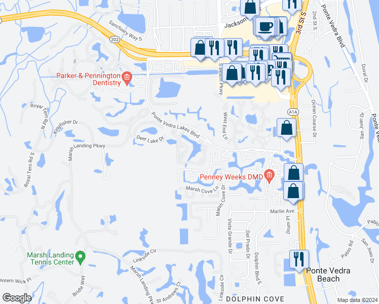 map of restaurants, bars, coffee shops, grocery stores, and more near 425 Timberwalk Court in Ponte Vedra Beach