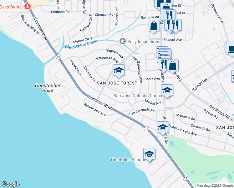 map of restaurants, bars, coffee shops, grocery stores, and more near 7053 Madrid Avenue in Jacksonville
