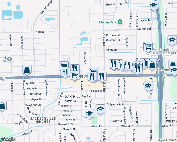 map of restaurants, bars, coffee shops, grocery stores, and more near 5335 Westchase Court in Jacksonville
