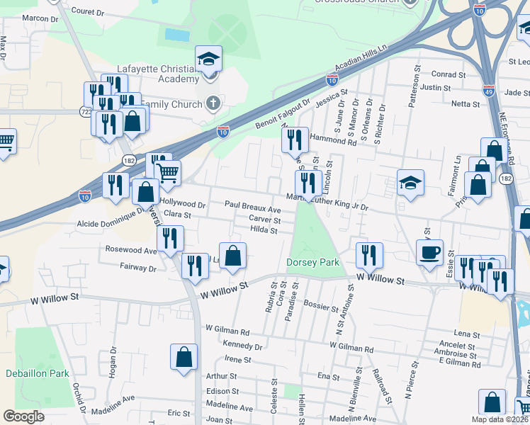 map of restaurants, bars, coffee shops, grocery stores, and more near 304 Paul Breaux Avenue in Lafayette