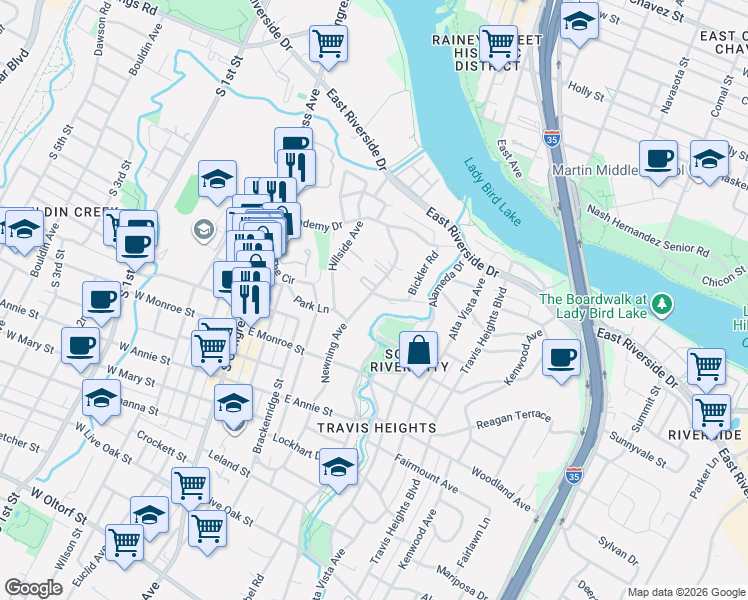 map of restaurants, bars, coffee shops, grocery stores, and more near 1401 Newning Avenue in Austin