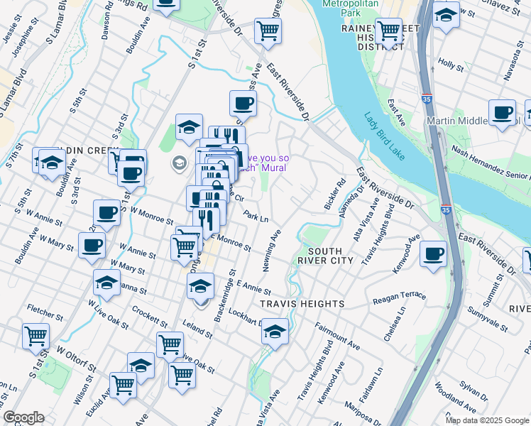 map of restaurants, bars, coffee shops, grocery stores, and more near 1403 Hillside Avenue in Austin