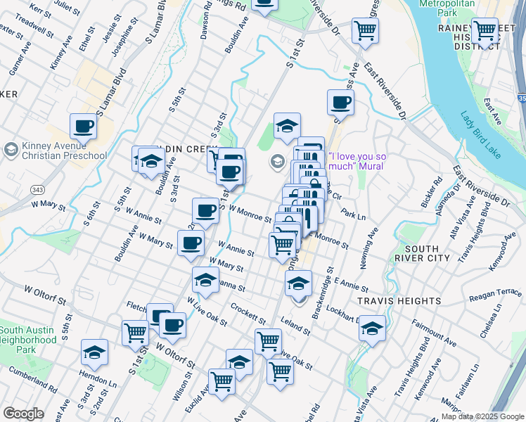 map of restaurants, bars, coffee shops, grocery stores, and more near 1505 Newton Street in Austin