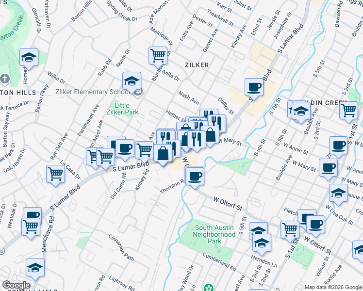 map of restaurants, bars, coffee shops, grocery stores, and more near in Austin