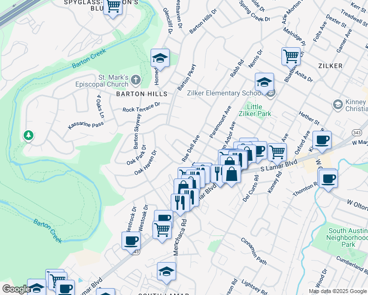 map of restaurants, bars, coffee shops, grocery stores, and more near 2308 La Casa Drive in Austin