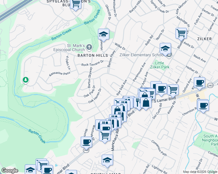 map of restaurants, bars, coffee shops, grocery stores, and more near 2414 Elmglen Drive in Austin
