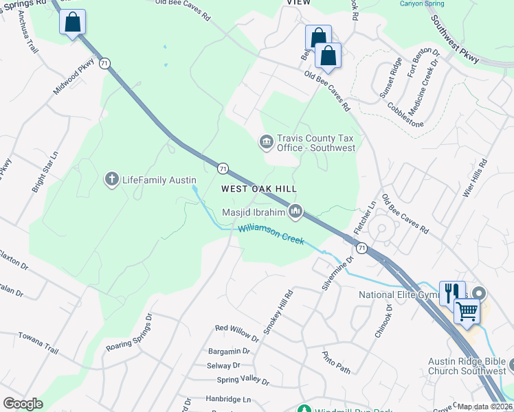map of restaurants, bars, coffee shops, grocery stores, and more near 6701 Covered Bridge Drive in Austin