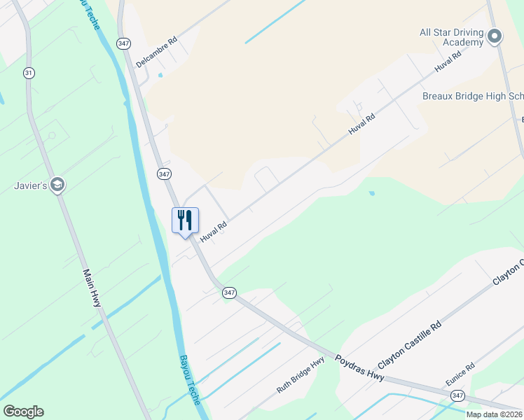 map of restaurants, bars, coffee shops, grocery stores, and more near 1052 Huval Road in Breaux Bridge