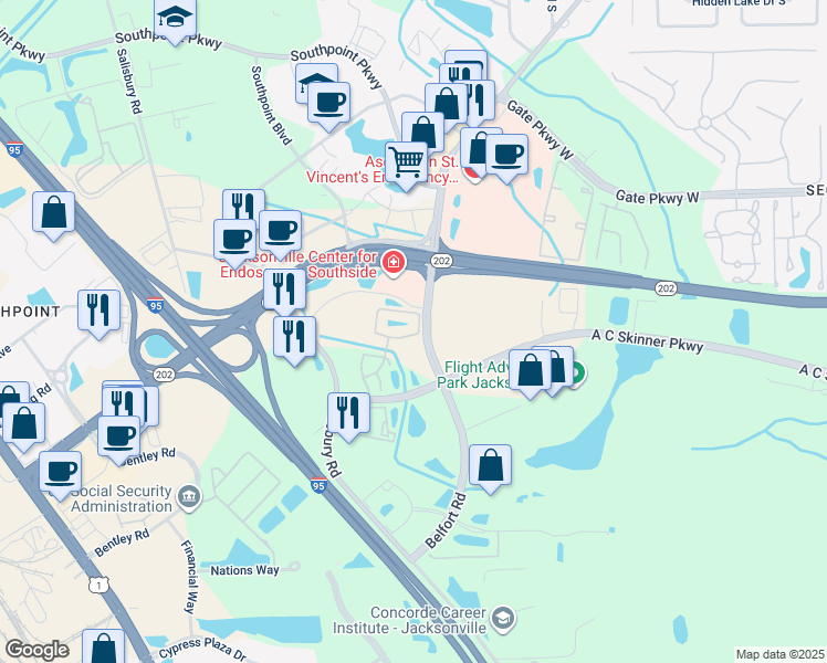 map of restaurants, bars, coffee shops, grocery stores, and more near 7174 Stonelion Circle in Jacksonville