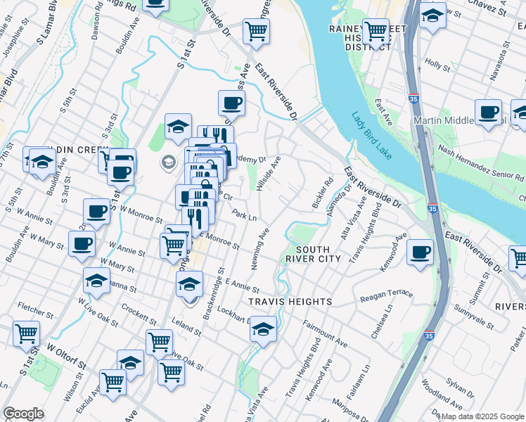 map of restaurants, bars, coffee shops, grocery stores, and more near 1403 Hillside Avenue in Austin