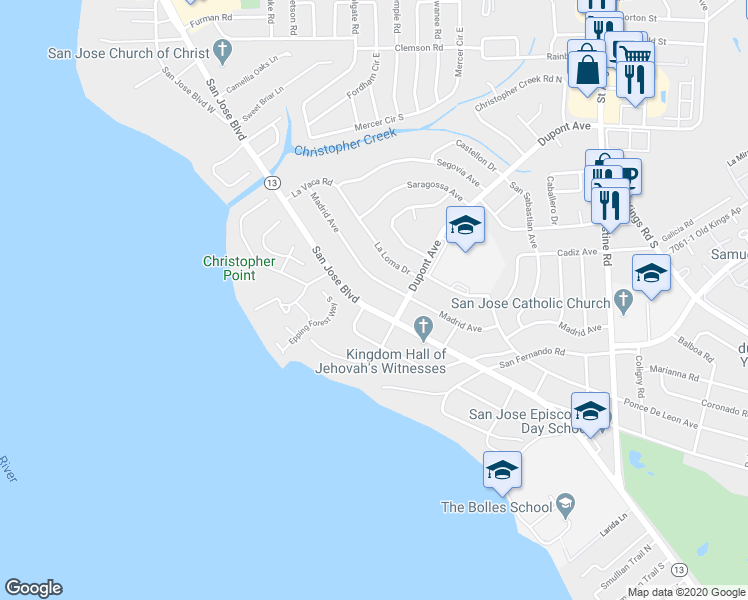 map of restaurants, bars, coffee shops, grocery stores, and more near 6969 San Jose Boulevard in Jacksonville