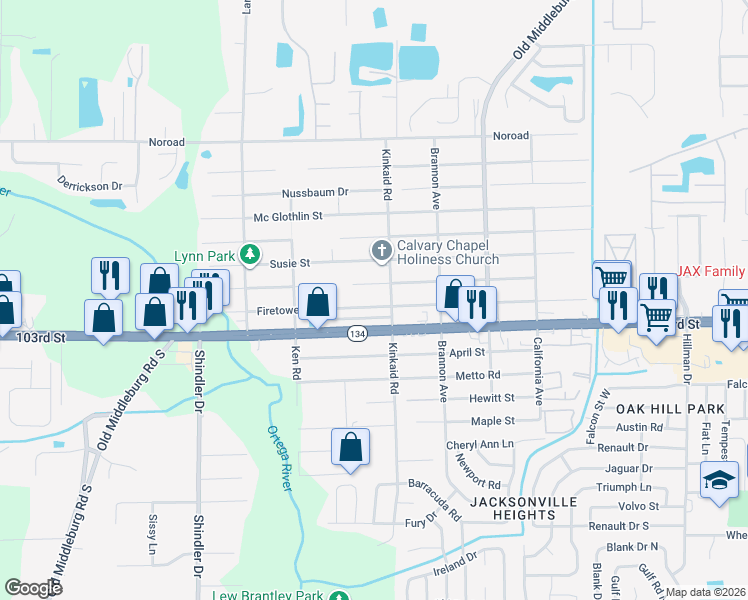map of restaurants, bars, coffee shops, grocery stores, and more near 8427 Firetower Rd in Jacksonville