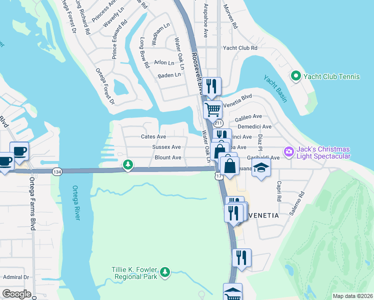 map of restaurants, bars, coffee shops, grocery stores, and more near 4568 Sussex Ave in Jacksonville
