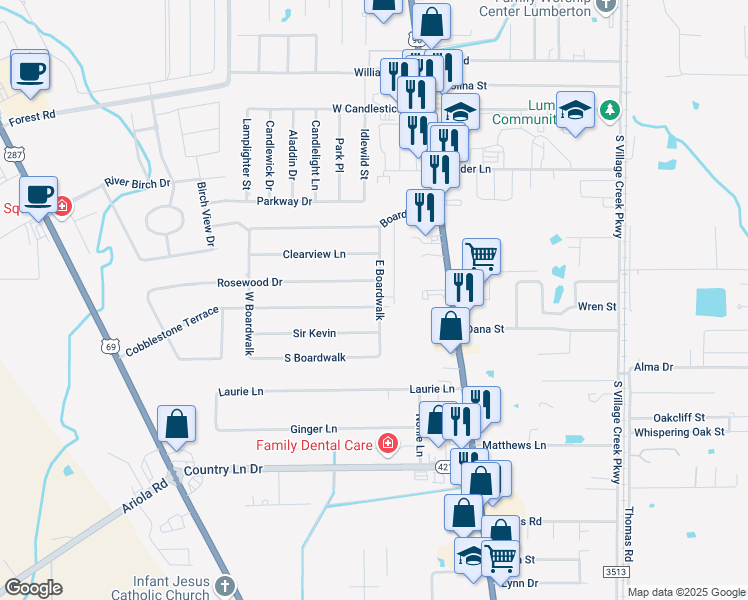 map of restaurants, bars, coffee shops, grocery stores, and more near 7606 Cobblestone Terrace in Lumberton