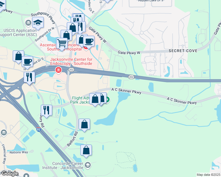 map of restaurants, bars, coffee shops, grocery stores, and more near 7019 A C Skinner Parkway in Jacksonville