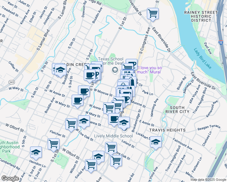 map of restaurants, bars, coffee shops, grocery stores, and more near 1505 Newton Street in Austin