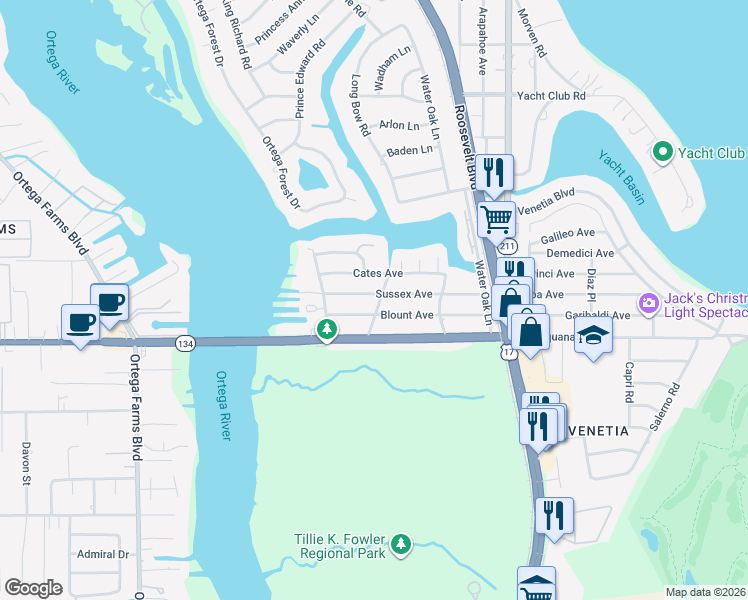 map of restaurants, bars, coffee shops, grocery stores, and more near 4704 Sussex Avenue in Jacksonville